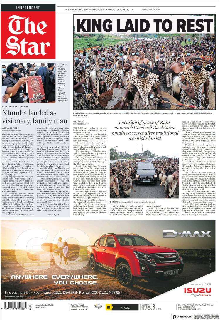 Portada de The Star (Sud&aacute;frica)