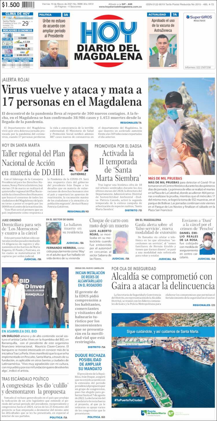Periódico Hoy Diario del Magdalena (Colombia). Periódicos de Colombia.  Edición de viernes, 19 de marzo de 2021. 