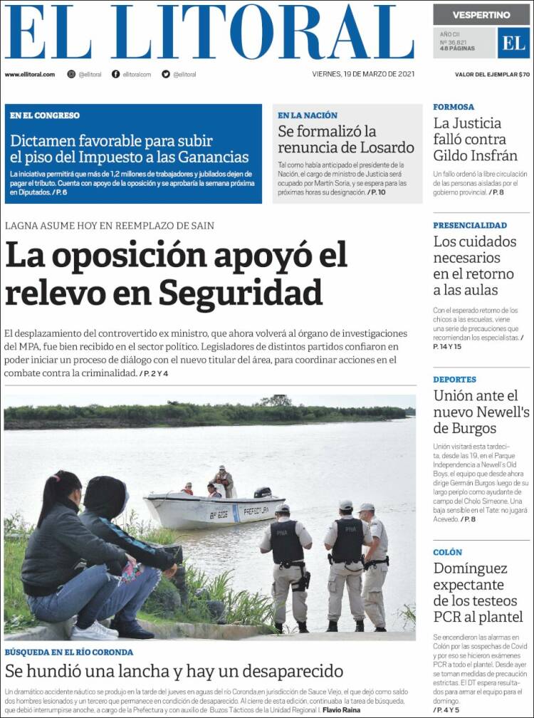 Portada de Diario El Litoral (Argentina)