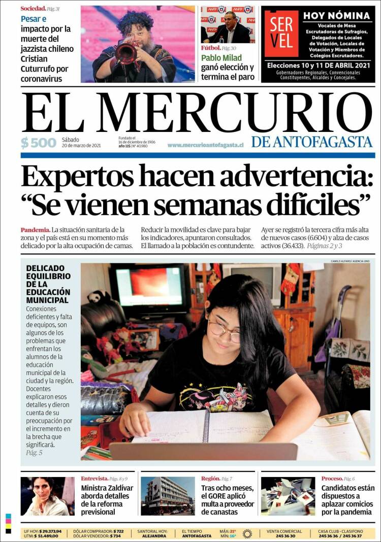 Portada de El Mercurio de Antofagasta (Chile)