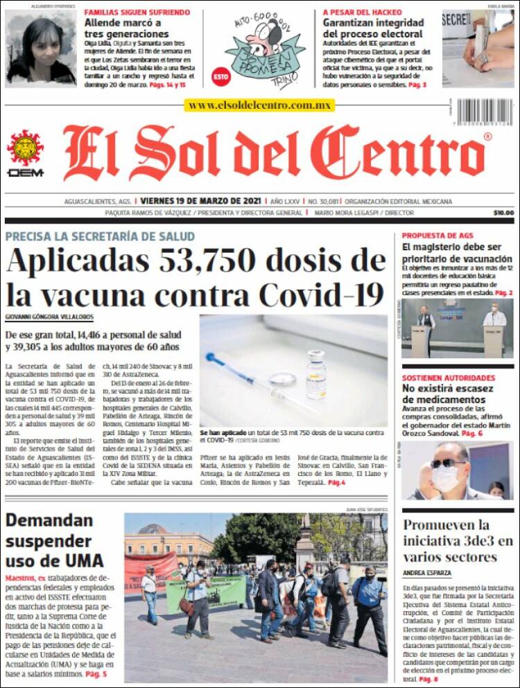 Portada de El Sol del Centro (M&eacute;xico)