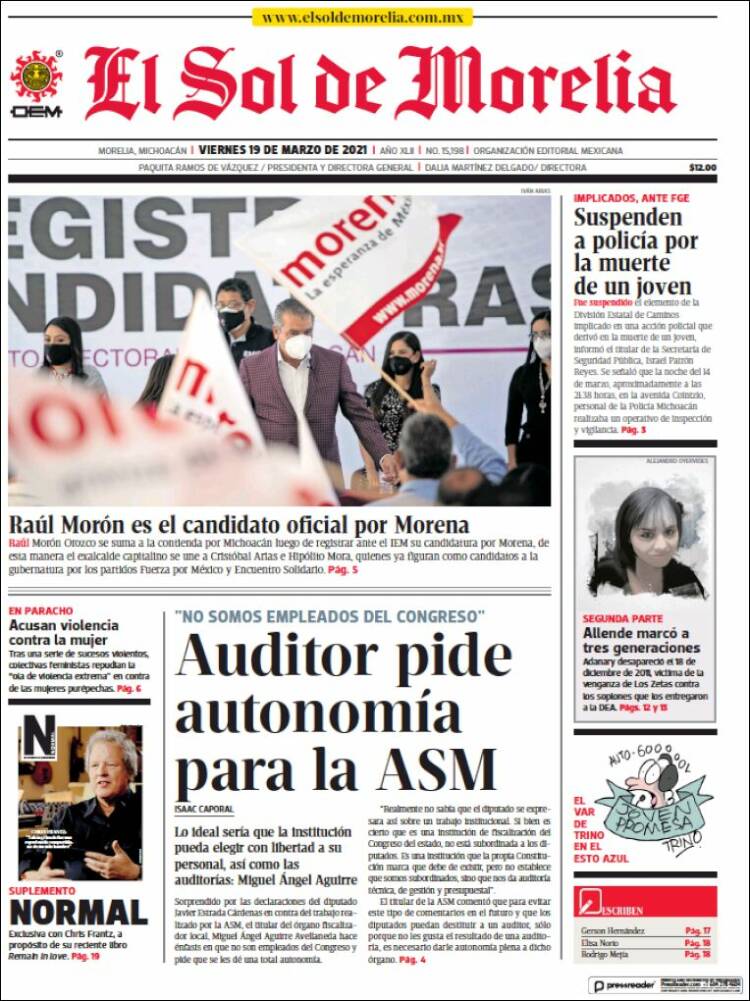 Portada de El Sol de Morelia (M&eacute;xico)