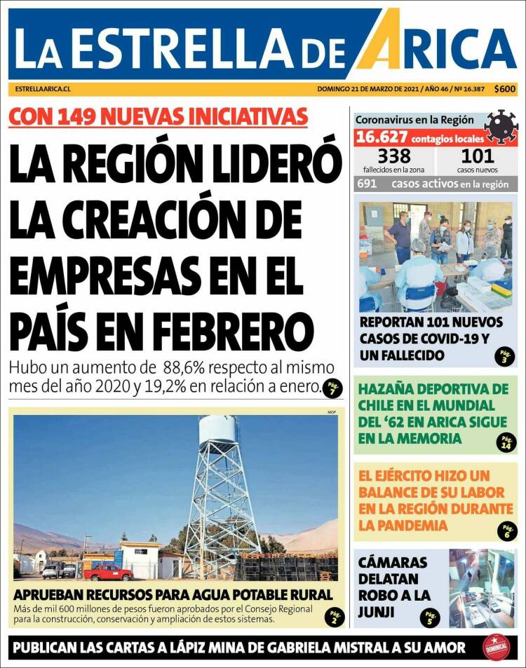 Portada de La Estrella de Arica (Chile)