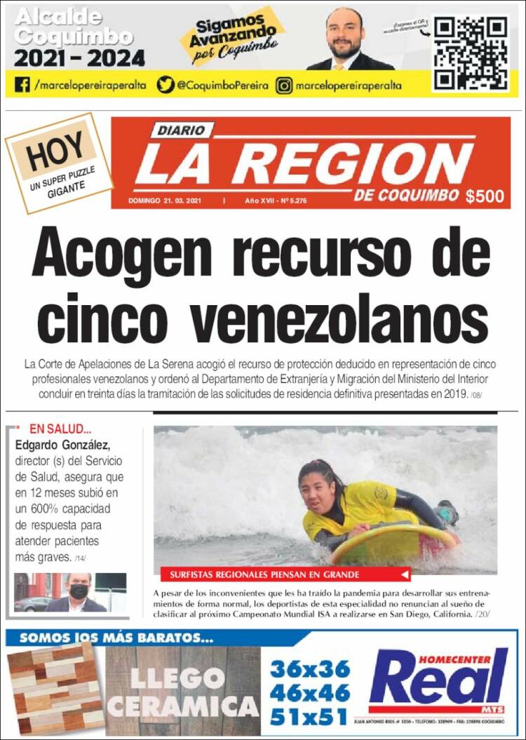 Portada de Diario La Región de Coquimbo (Chile)