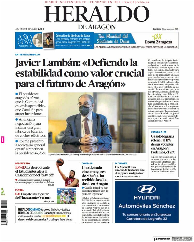 Portada de Heraldo de Aragón (Espa&ntilde;a)