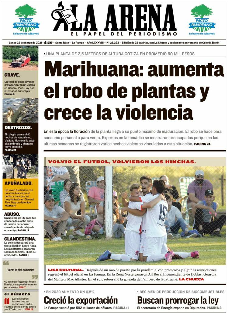 Portada de Diario La Arena (Argentina)