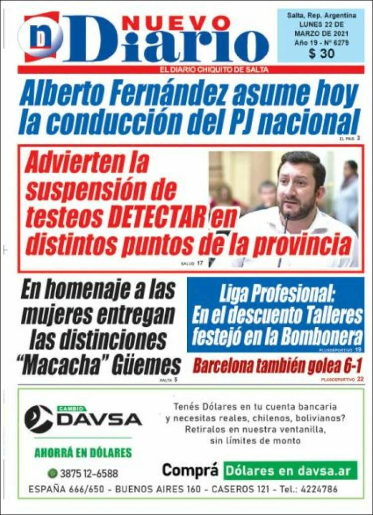 Portada de Nuevo Diario de Salta (Argentina)