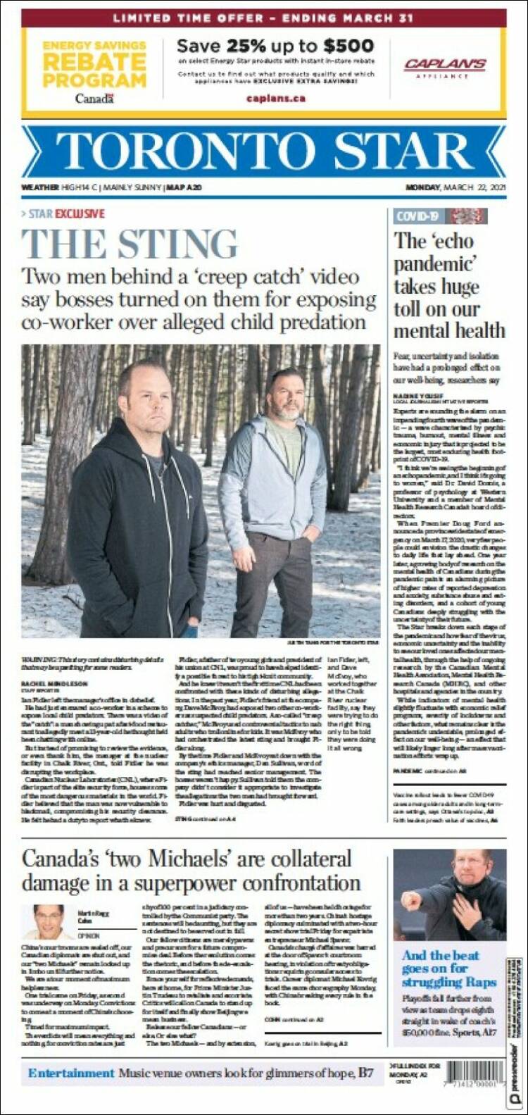 Portada de The Toronto Star (Canadá)