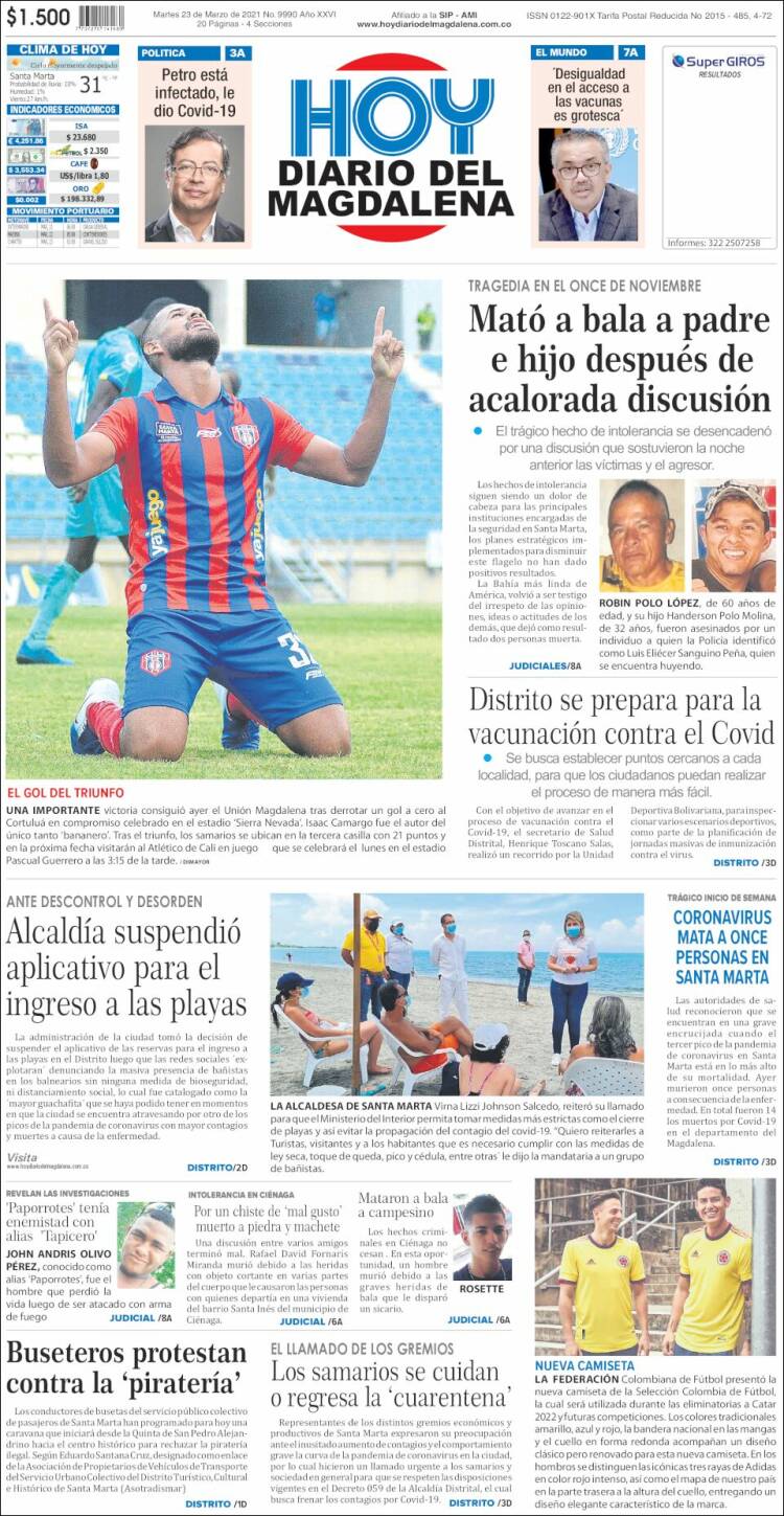 Portada de Hoy Diario del Magdalena (Colombia)