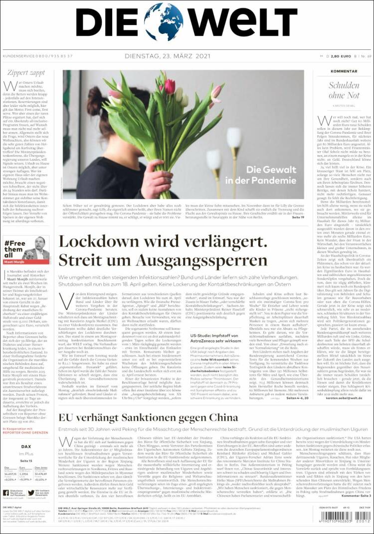Portada de Die Welt (Alemania)