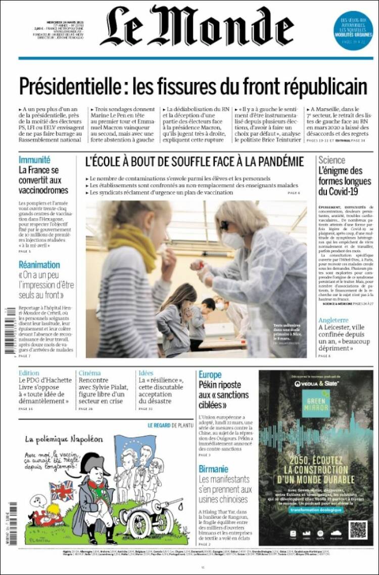Portada de Le Monde (Francia)
