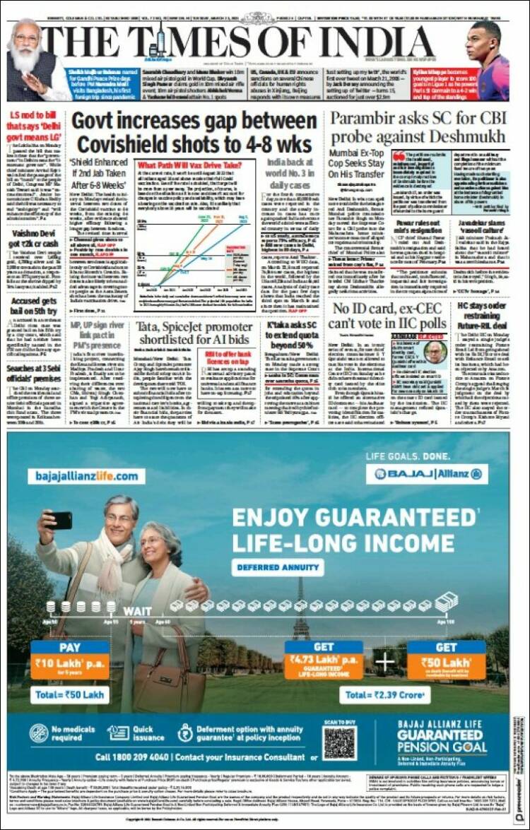 Portada de The Times of India (India)