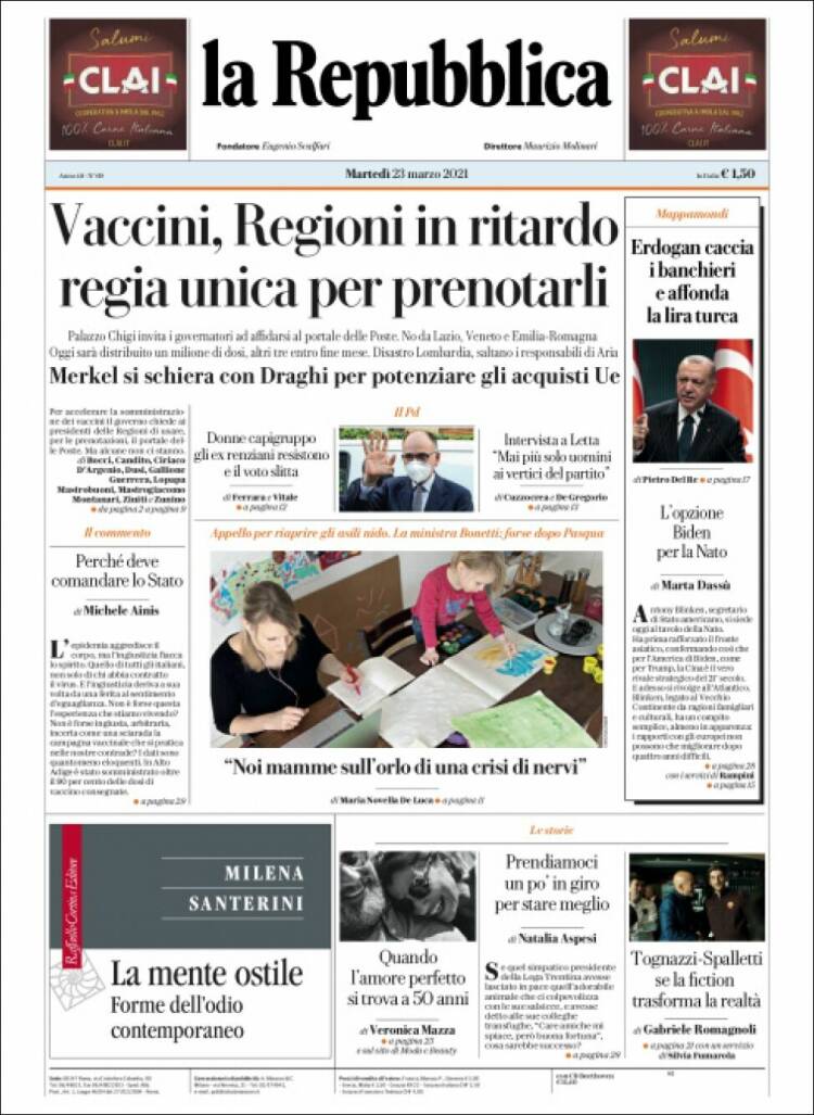 Portada de La Repubblica (Italia)