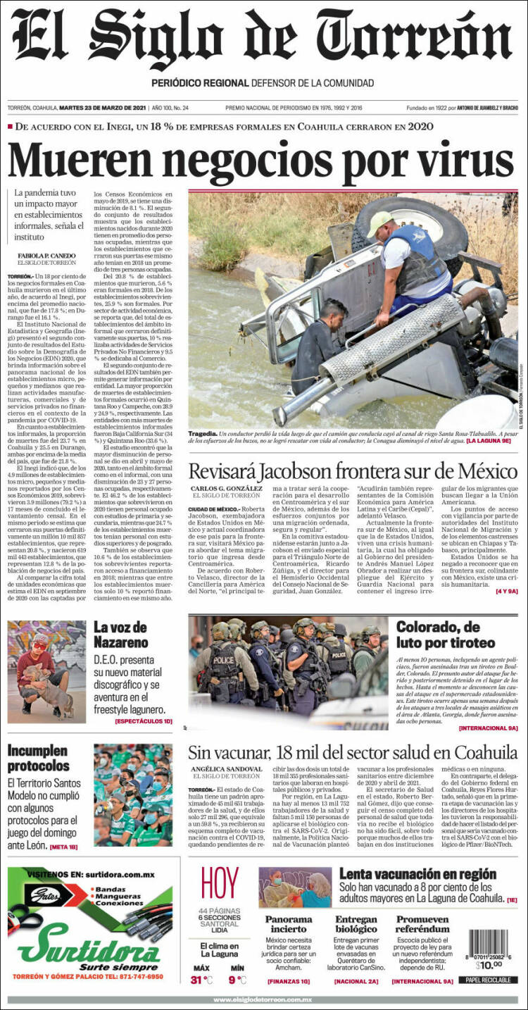 Portada de El Siglo de Torreon (M&eacute;xico)