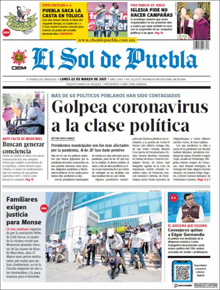 Portada de El Sol de Puebla (M&eacute;xico)