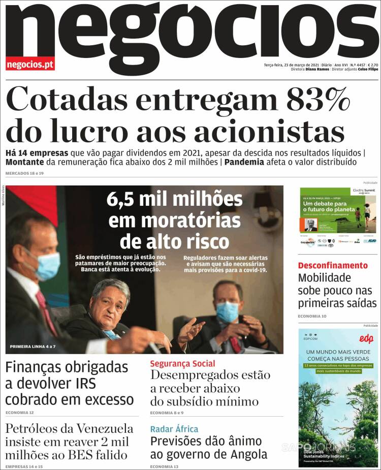 Portada de Jornal de Negócios (Portugal)