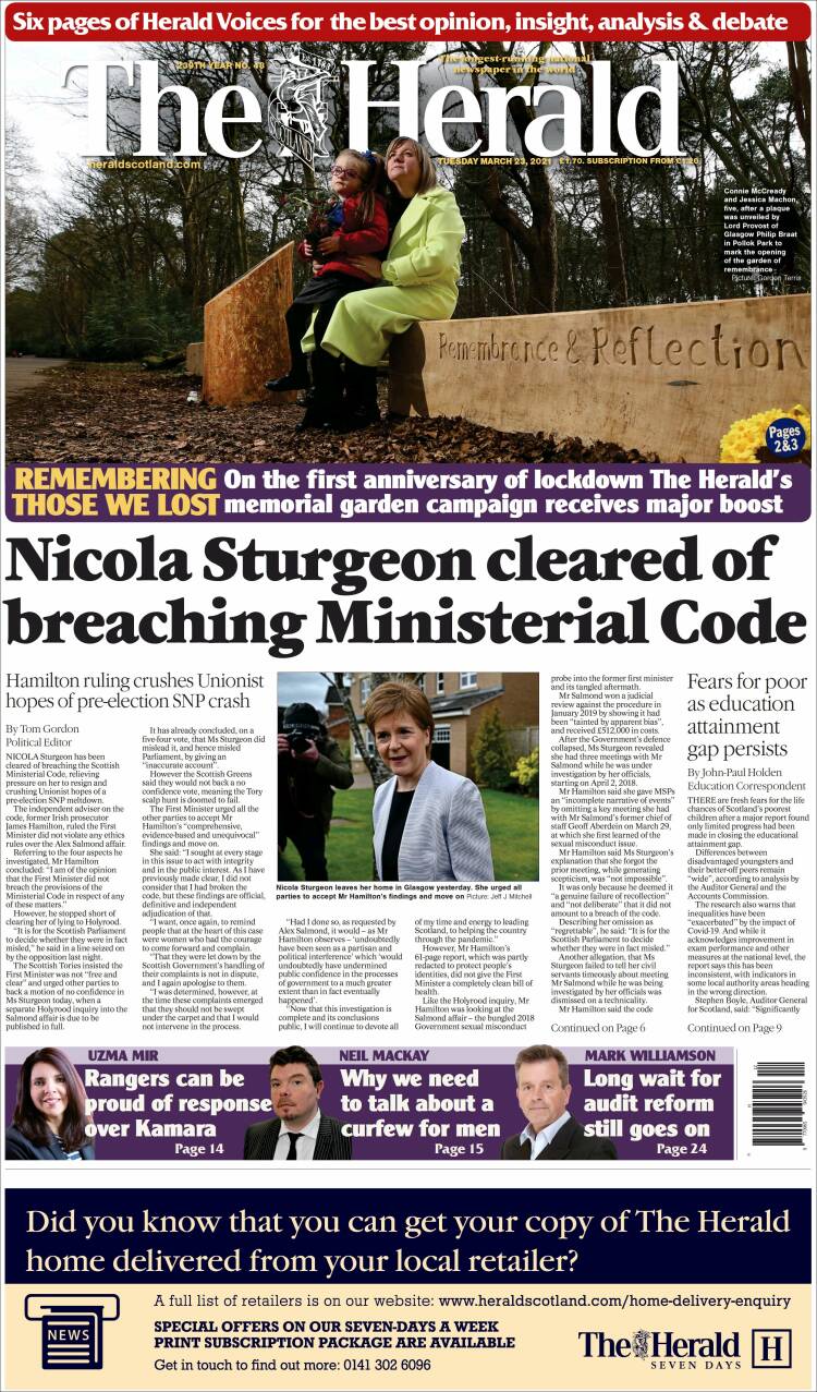 Portada de The Herald (Reino Unido)