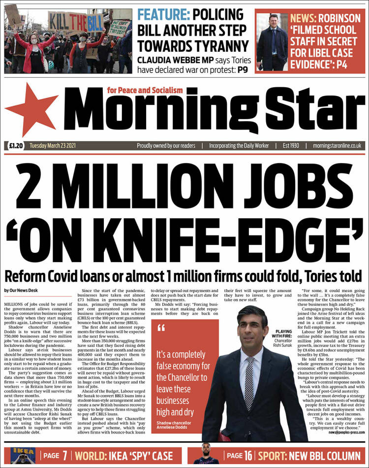 Portada de Morning Star (Reino Unido)