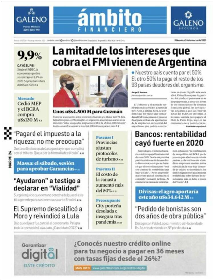 Portada de Diario Ambito Financiero (Argentina)