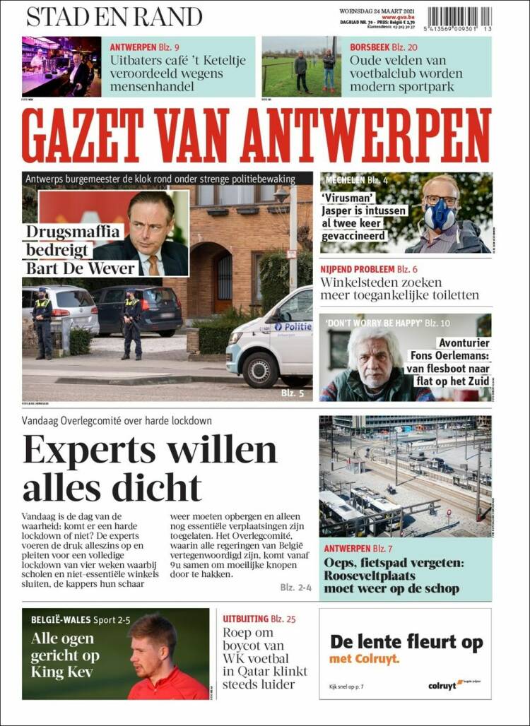 Portada de Gazet van Antwerpen (Bélgica)