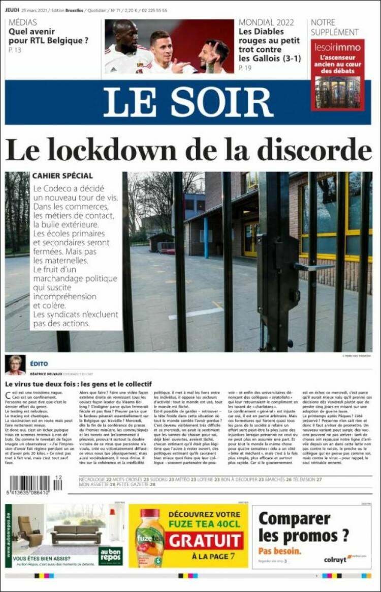 Portada de Le Soir (B&eacute;lgica)