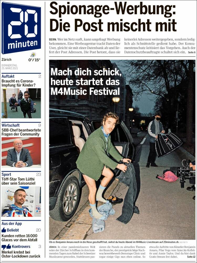 Portada de 20Minuten - Zürich (Suiza)