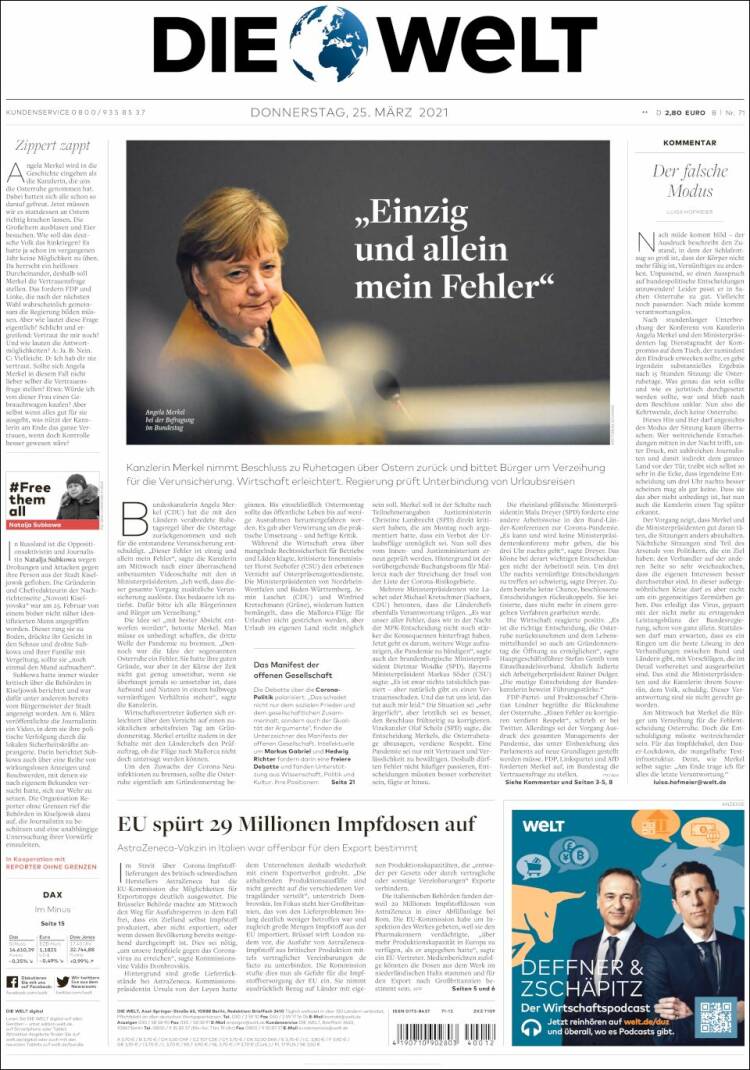 Portada de Die Welt (Alemania)