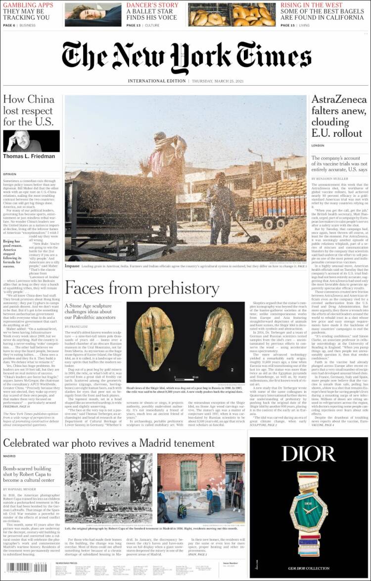 Portada de International New York Times (Europa)