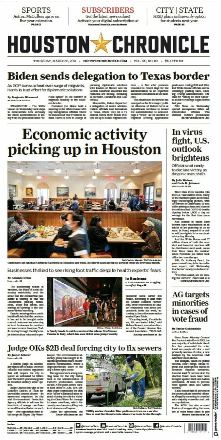 Portada de Houston Chronicle (USA)