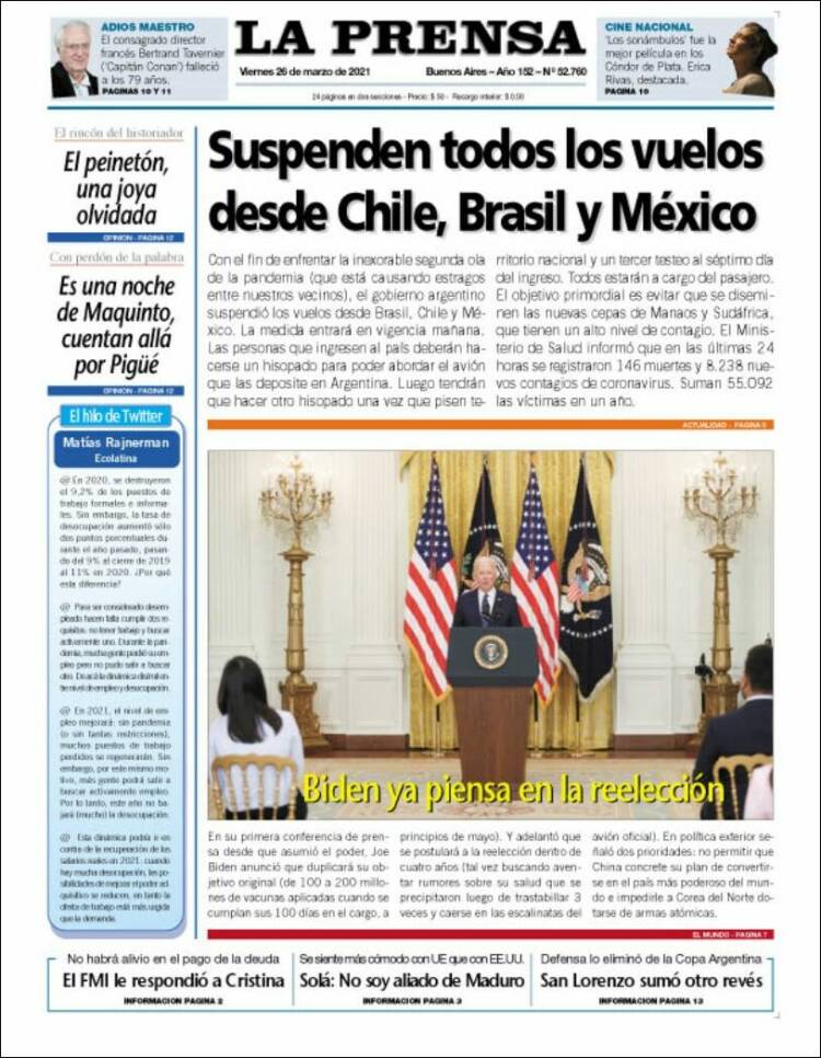 Portada de La Prensa (Argentina)