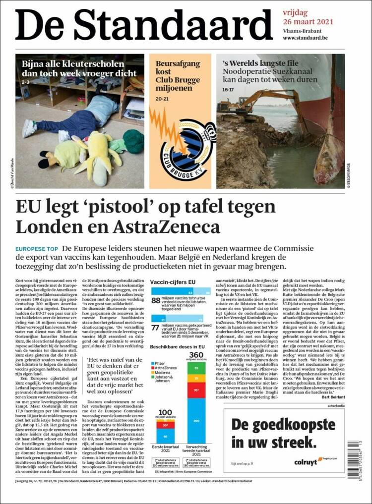 Portada de De Standaard (B&eacute;lgica)