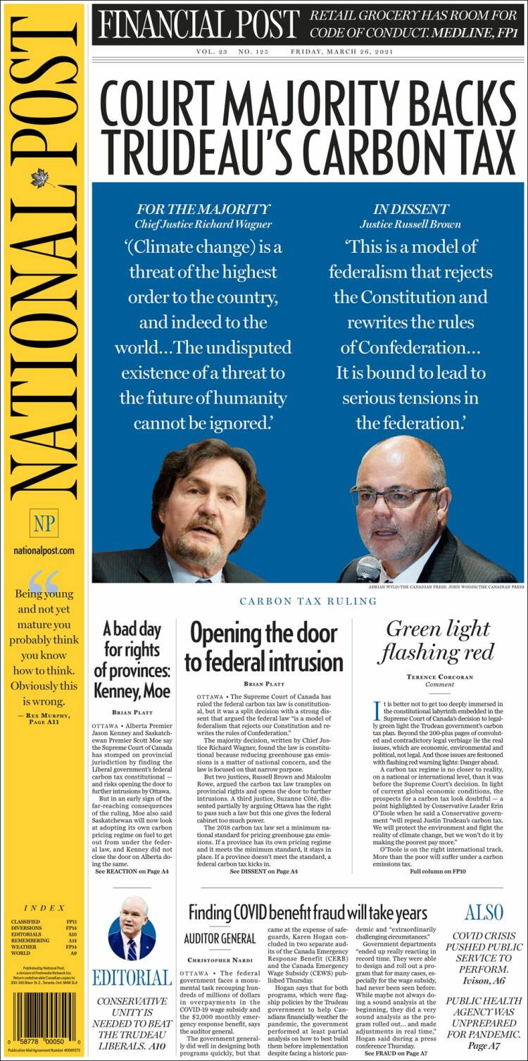 Portada de The National Post (Canadá)