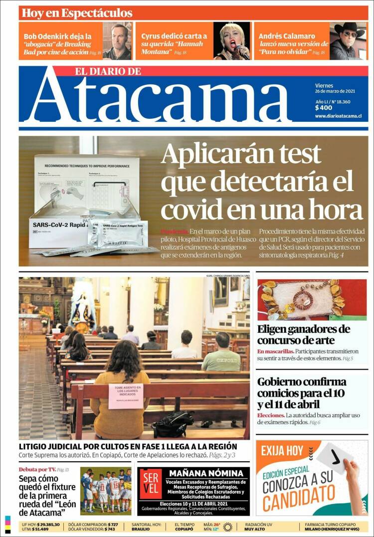 Portada de Diario de Atacama (Chile)