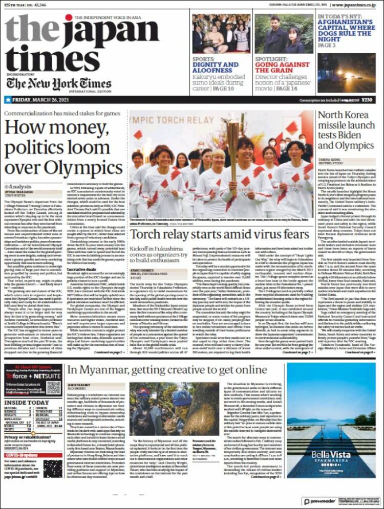 Portada de The Japan Times (Jap&oacute;n)