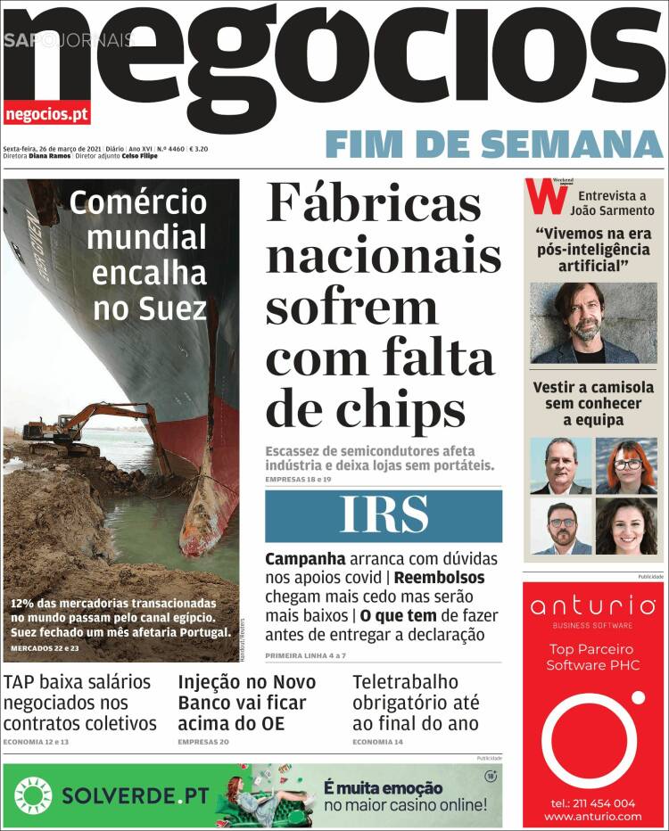 Portada de Jornal de Negócios (Portugal)