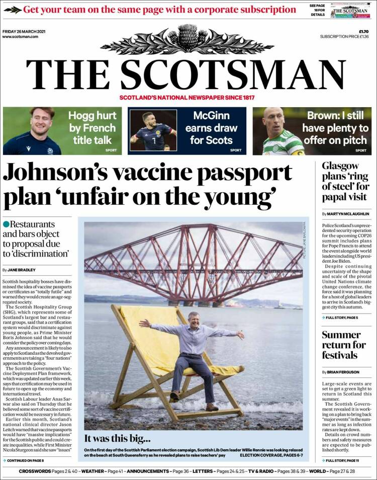 Portada de The Scotsman (Reino Unido)