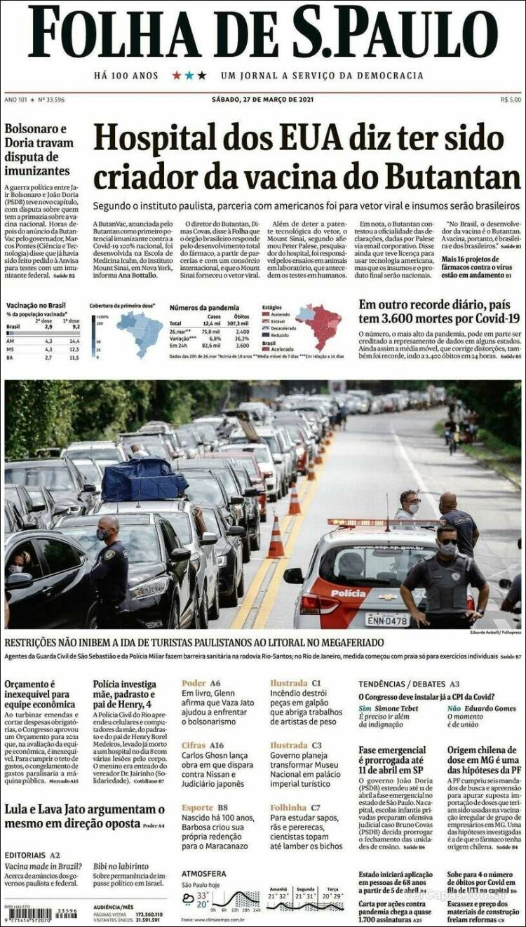 Portada de Folha de São Paulo (Brasil)