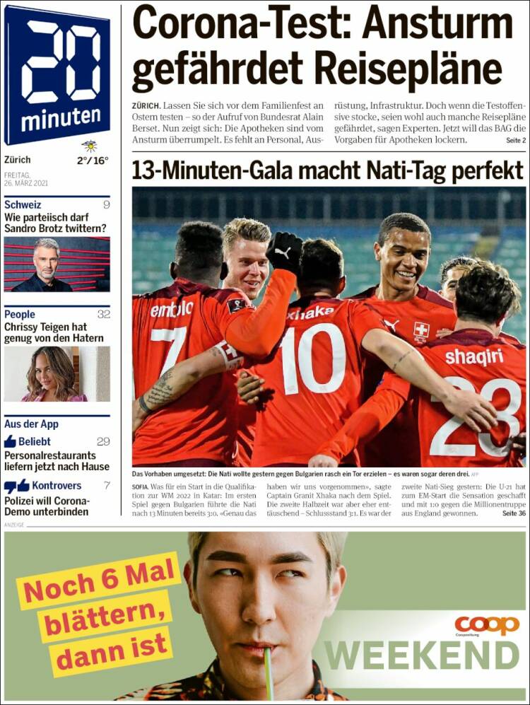 Portada de 20Minuten - Zürich (Suiza)