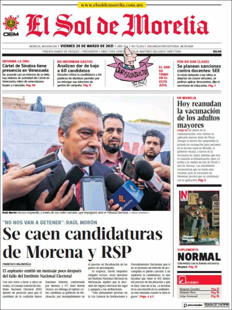 Portada de El Sol de Morelia (M&eacute;xico)