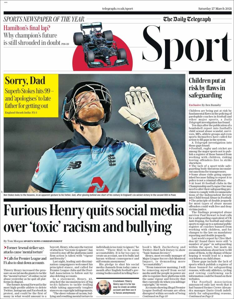 Portada de Telegraph Sport (Reino Unido)