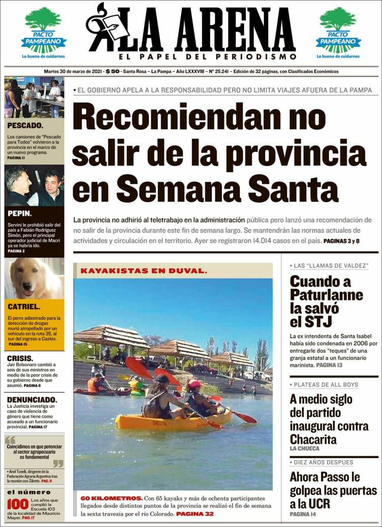 Portada de Diario La Arena (Argentina)