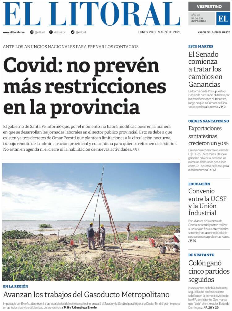 Portada de Diario El Litoral (Argentina)