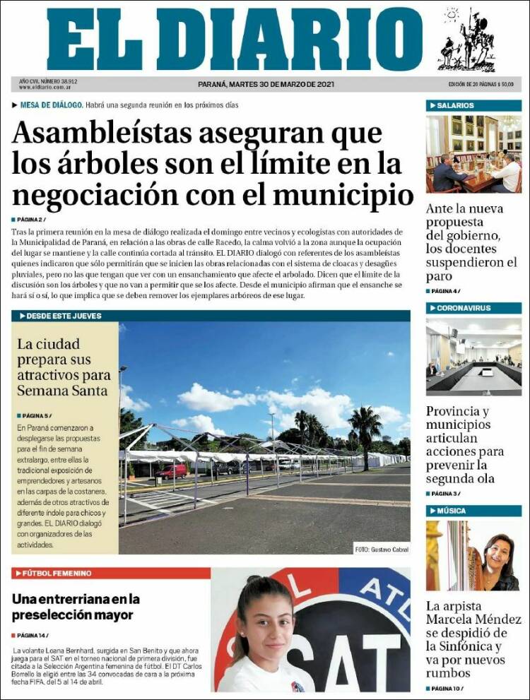 Portada de El Diario de Paraná (Argentina)