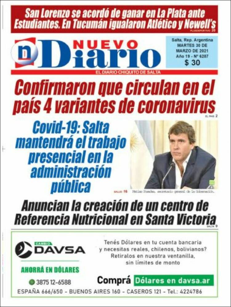Portada de Nuevo Diario de Salta (Argentina)