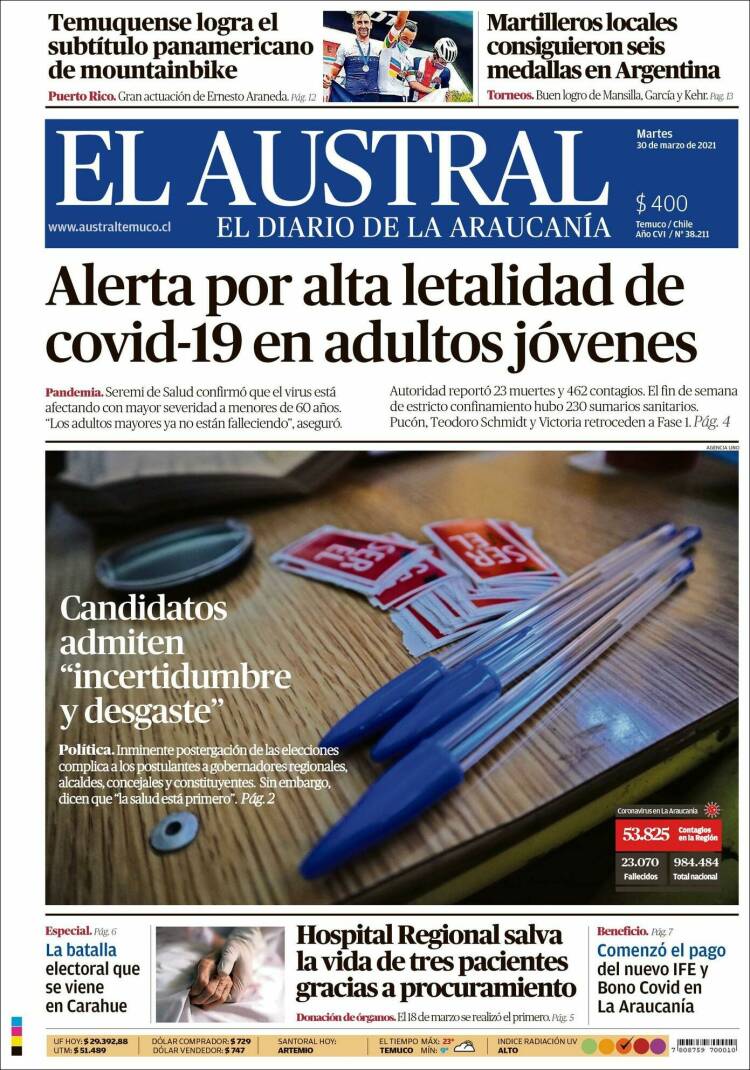 Portada de El Austral de Temuco (Chile)