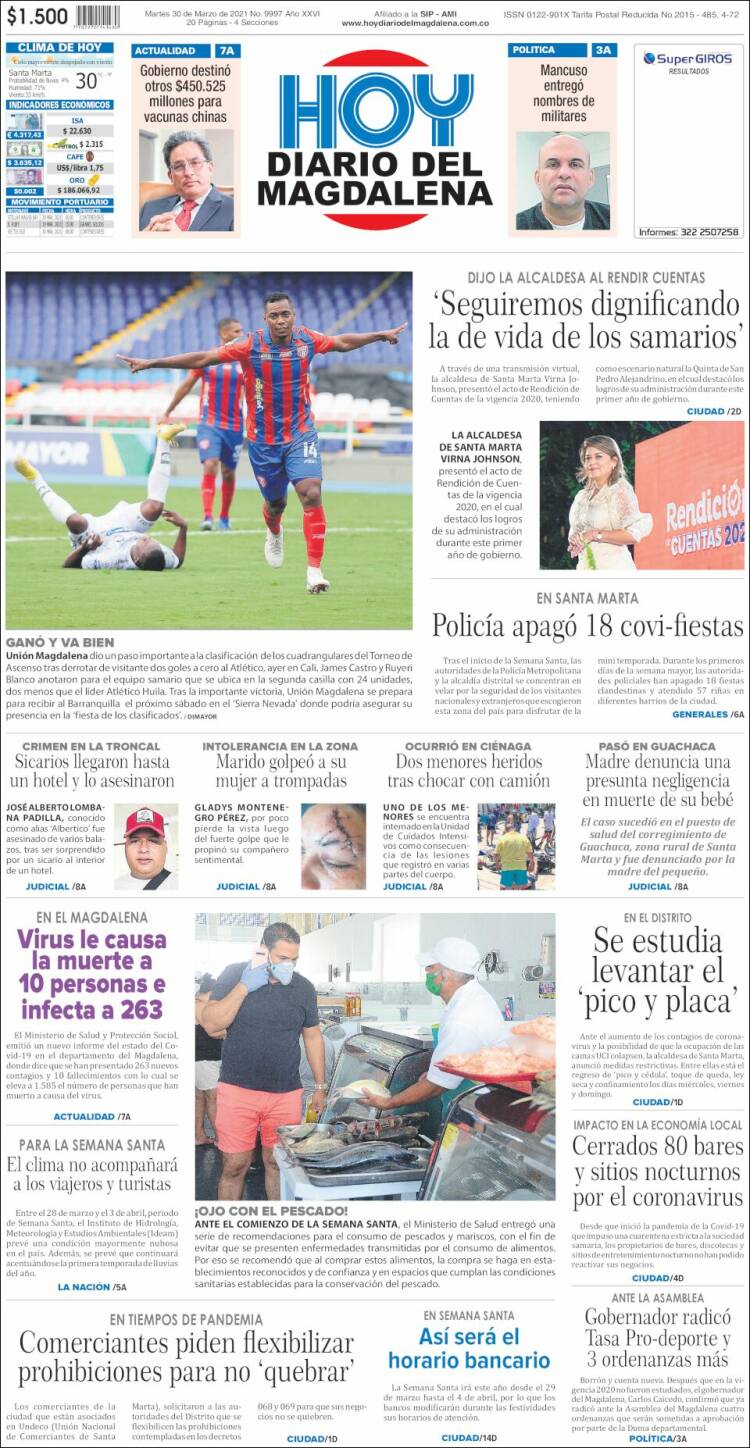 Portada de Hoy Diario del Magdalena (Colombia)