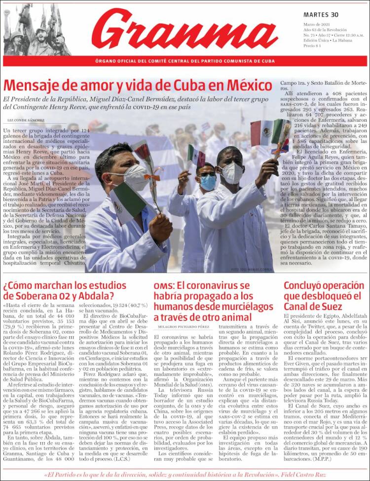 Portada de Granma (Cuba)