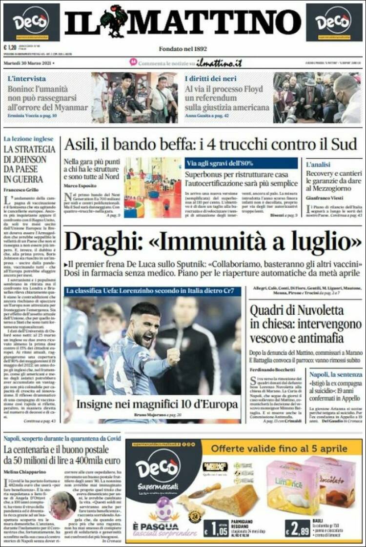 Portada de Il Mattino (Italia)
