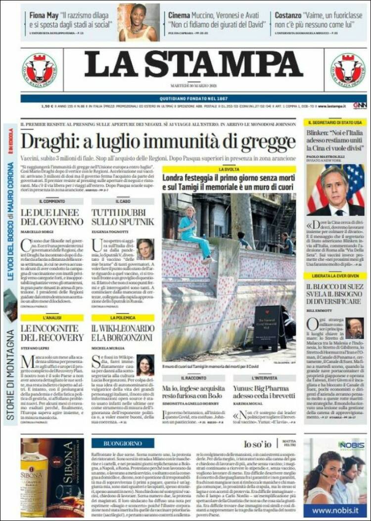 Portada de La Stampa (Italia)