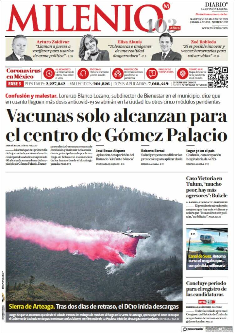 Portada de Milenio - Laguna (México)